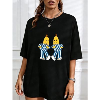 Crewneck T Shirt White Banana Characters In Striped Suits Casual Wear For Women Summer Outfits Fun Graphic Tee Fashionable Top