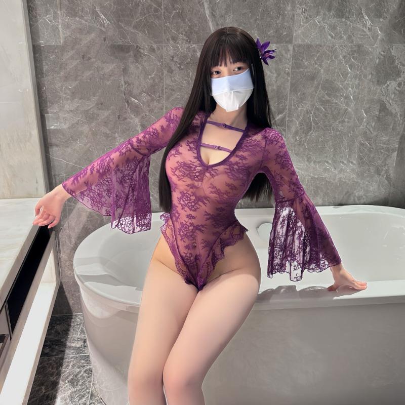Lace shirt sexy perspective seduction lace hollow mesh deep crotch flared sleeve one-piece pajamas