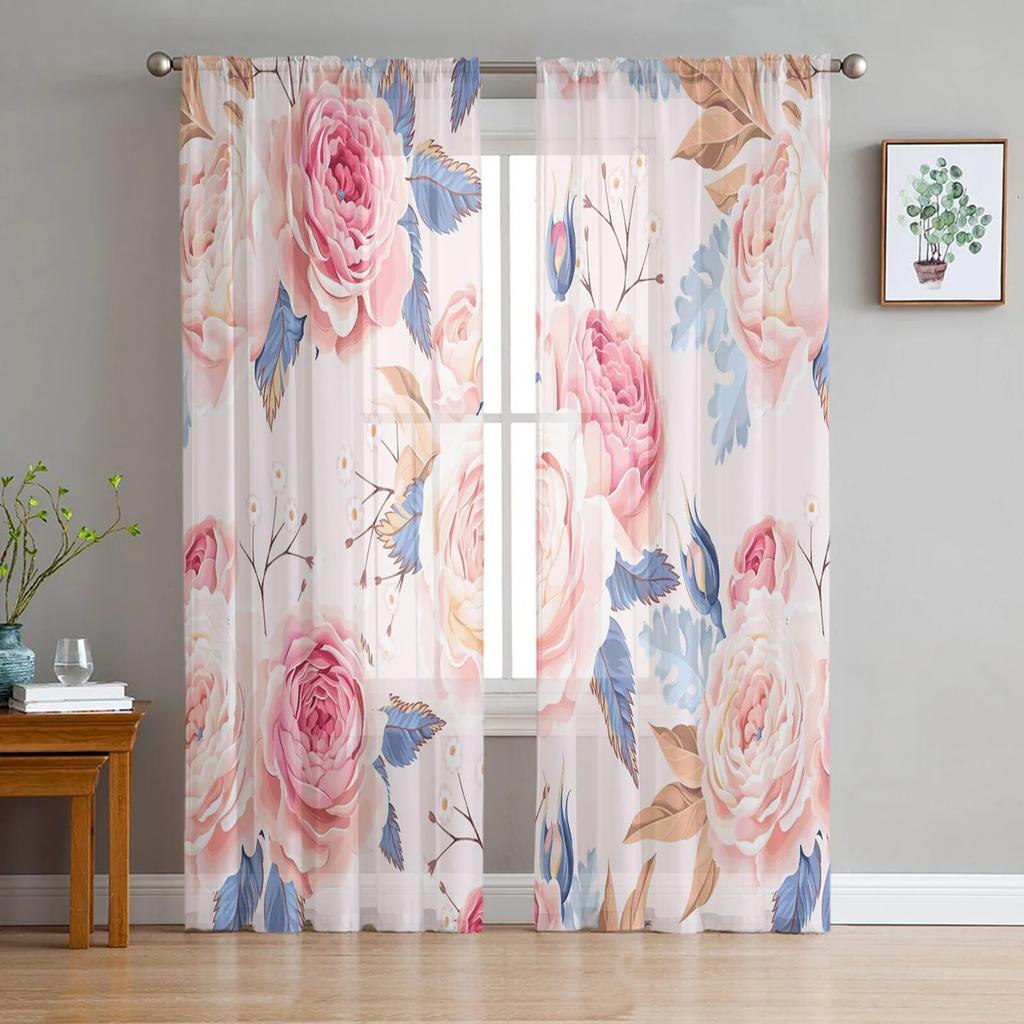 Valentine'S Day Flower Red Rose Flower Tulle Curtains for Living Room Kitchen Sheer Voile Curtain Bedroom Window Panels
