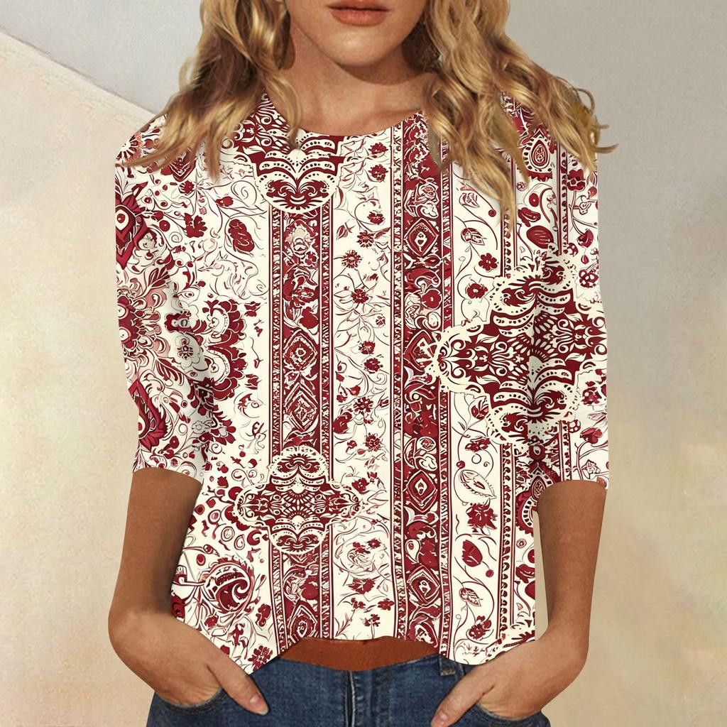 Women Casual Loose Fit Printed Top Three Quarter Sleeve Blouse Lightweight Comfortable Soft Fabric Stylish Design