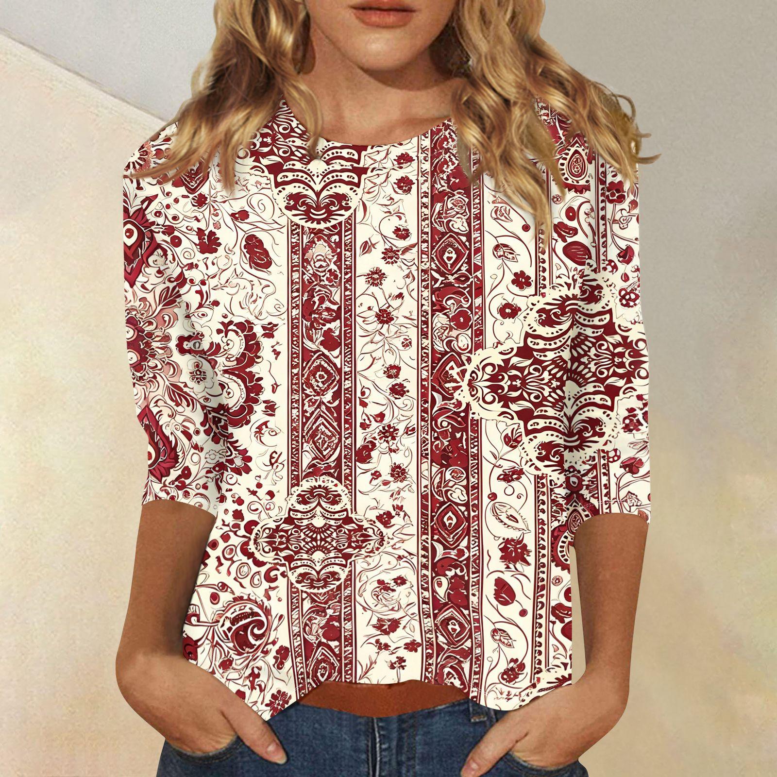 

Women Casual Loose Fit Printed Top Three Quarter Sleeve Blouse Lightweight Comfortable Soft Fabric Stylish Design XL червоний
