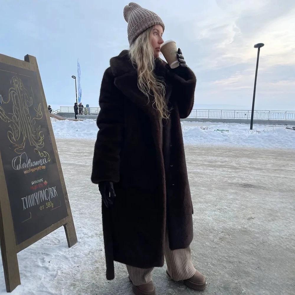 Herbst und Winter Nerzfellmantel Verlängert Mode Imitation Pelzjacke Damen Anzugkragen Gürtel Umweltfreundliches Pelz Oberteil