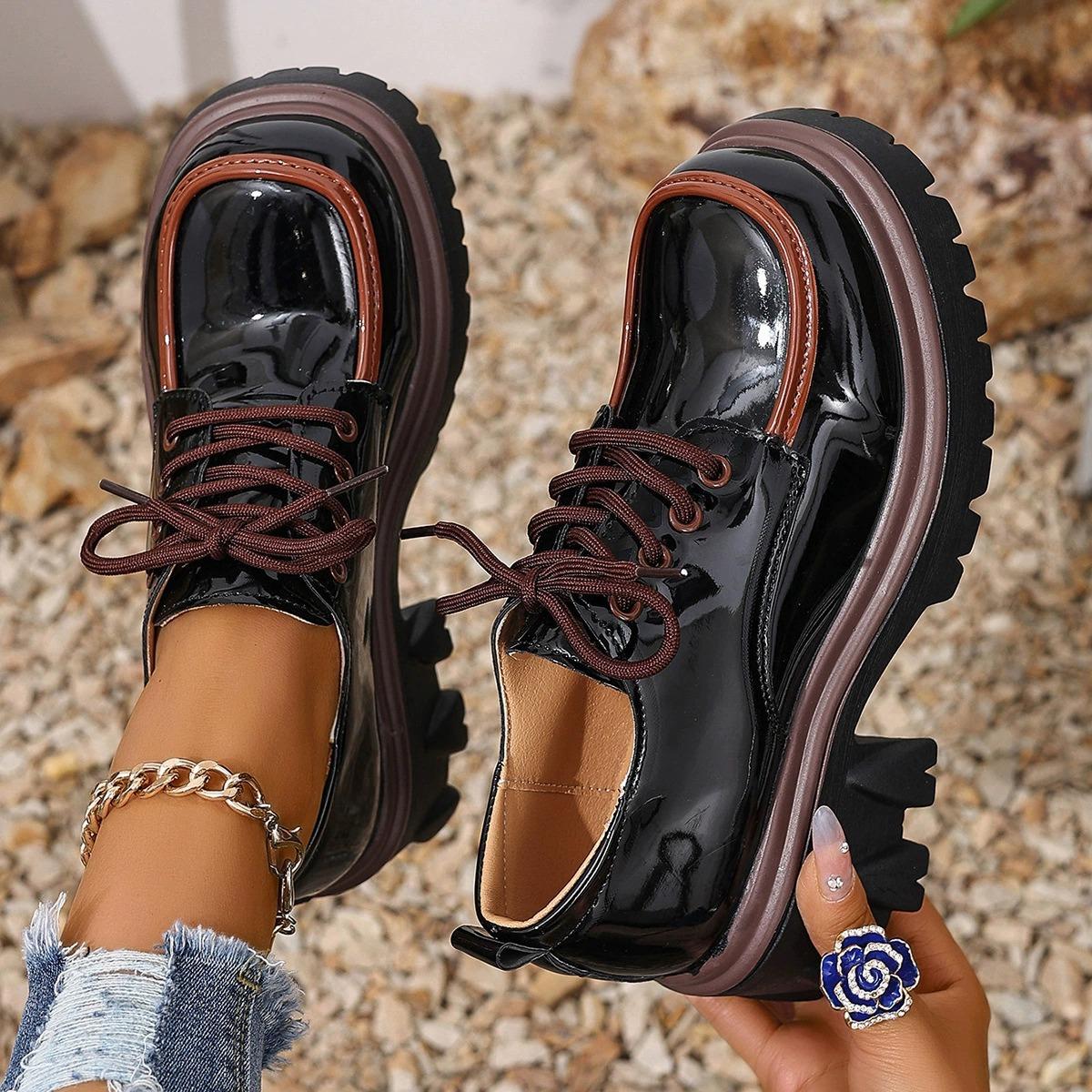 Women s Large Size Thick-soled Patent Leather Shoes Round Toe Retro Heightening Loafers 35 чёрный