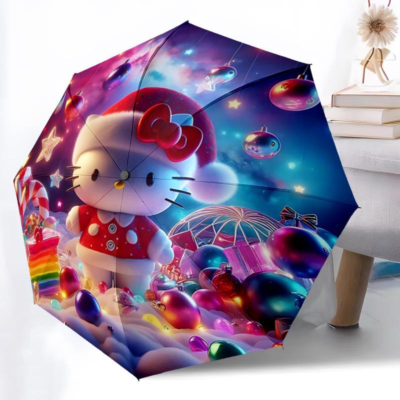 1pc Hello Kitty Christmas Edition Automatic Opening/Closing Umbrella - Portable Three-Fold Design with 8-Bone Iron Frame, Outdoor, Gift for Fans, Trav
