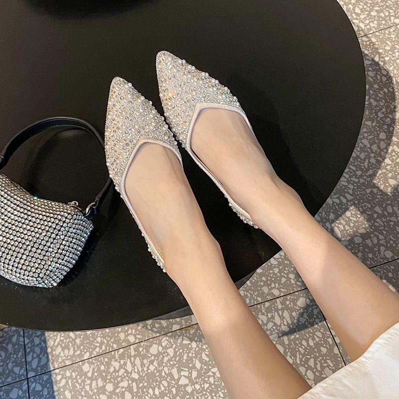 Rhinestone Pointed Single Shoes Women's Summer Flat-soled Shallow-mouth Laden Shoes Soft-soled Large-size Women's Shoes