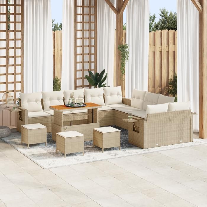 Ensemble de Canapé de Jardin Modular 14 Pièces avec Coussins Beige Rattan Poly Acacia, Ensemble de Salle à Manger de Jardin 3363761