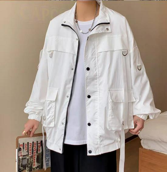 

Men s Trendy Solid Color Workwear Jacket with Lapel and Large Pockets for Spring/Autumn. M білий