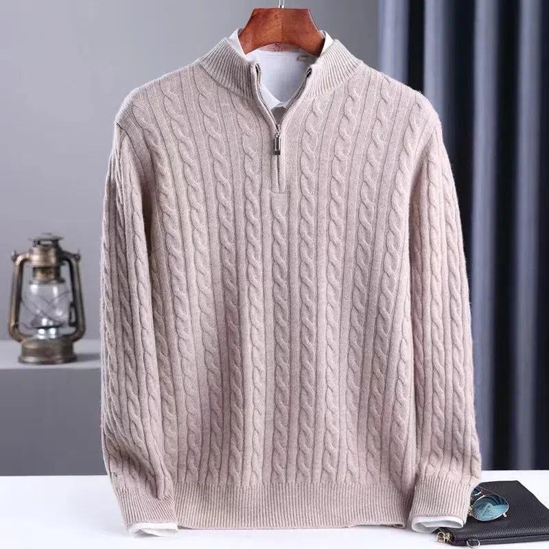 

Autumn Winter Men s Thick Cable Knit Zipper Sweater with High Collar L хакі