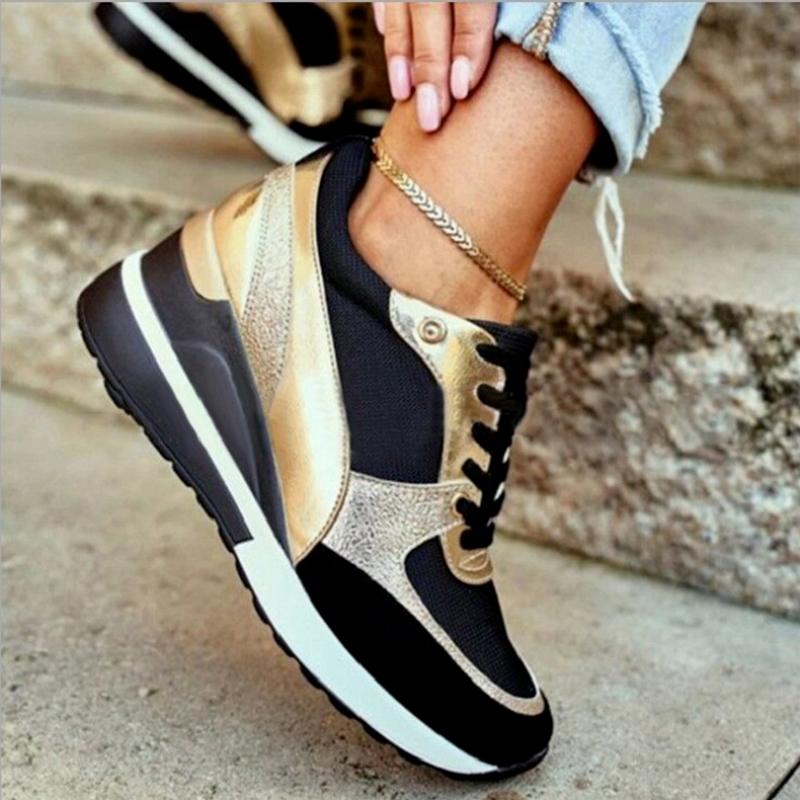 Women's Large Size Sequin Slope Heel Breathable Sneakers Sport Wedge Comfortable Casual