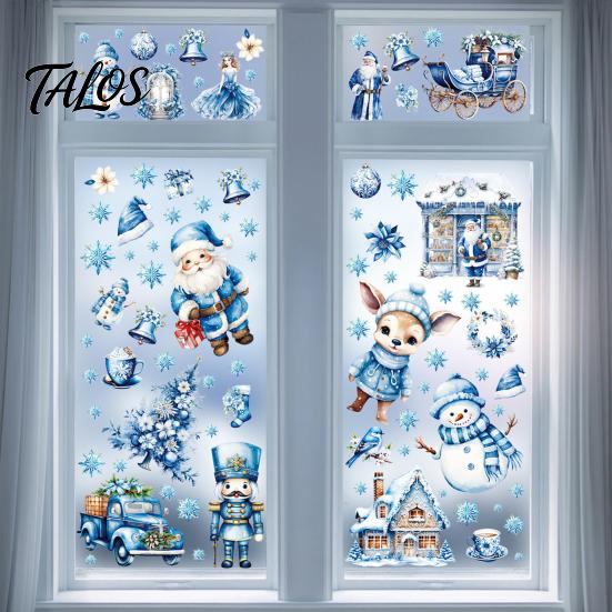 Home Decor for Christmas 9Pcs Window Clings, Blue Santa Snowman Reindeer Static Stickers, Nutcracker Clings Reusable Double Sided Xmas Decorations