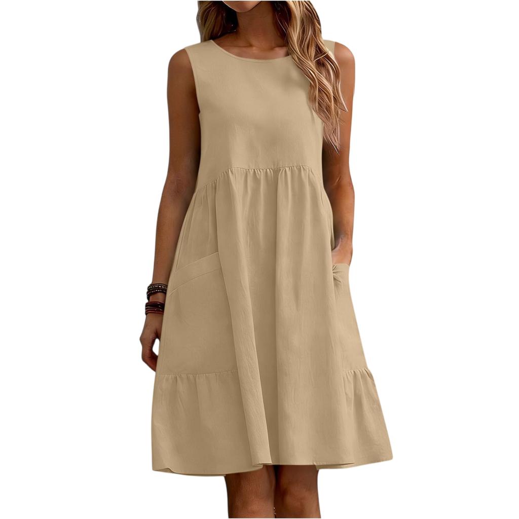 Women Sleeveless Casual Summer Dress Cotton Linen A Line Sundress Loose Fit Tank Dress with Pockets Simple Solid Design
