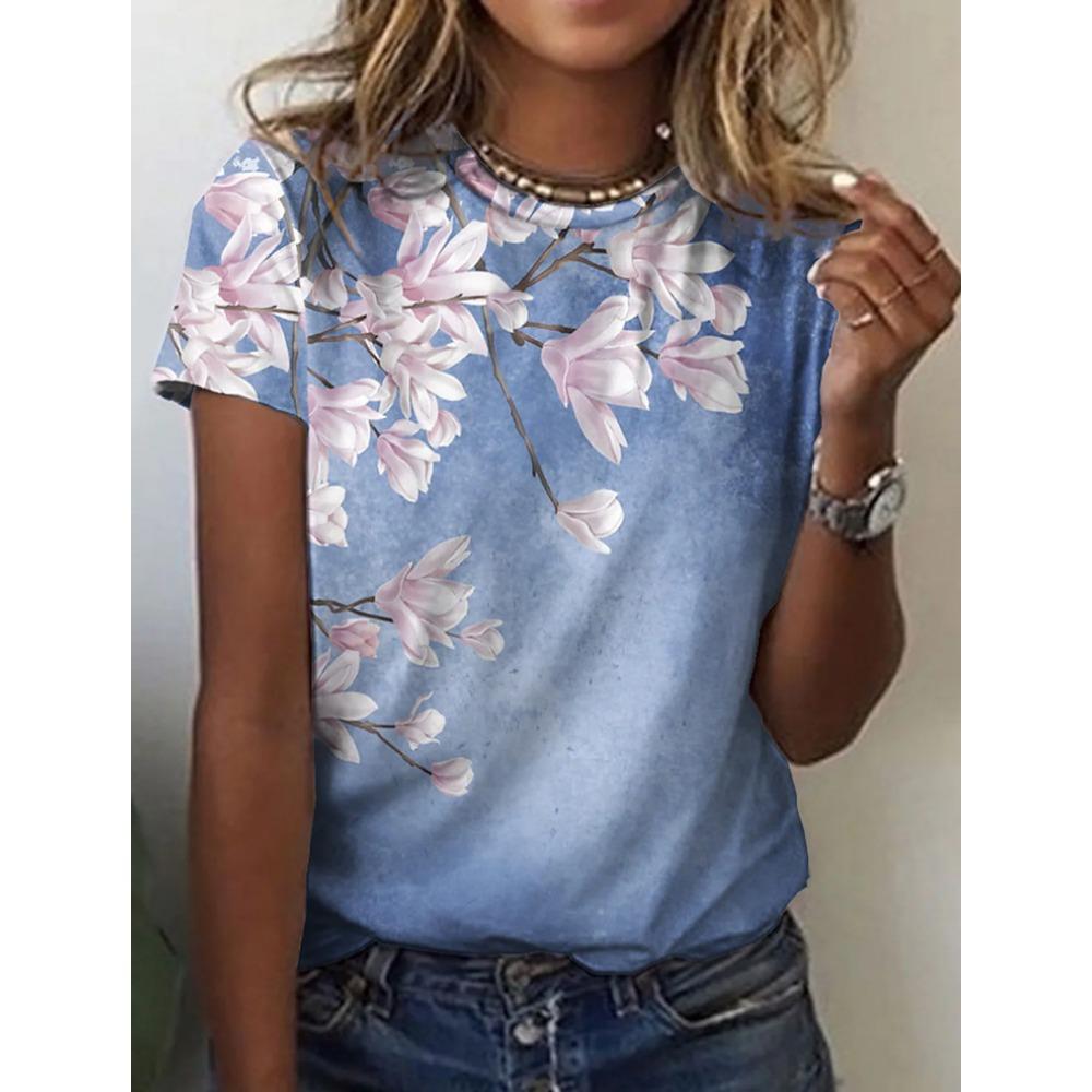 

Женская модная повседневная футболка с круглым вырезом и короткими рукавами с 3D цифровой печатью серии «Цветы» 6XL