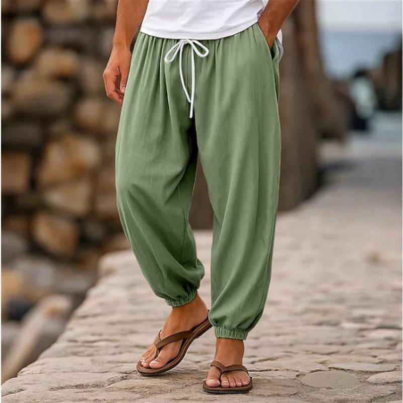 Men Elastic Waist Drawstring Casual Pants Loose Fit Ankle Cuffs Breathable Summer Beach Long Trousers