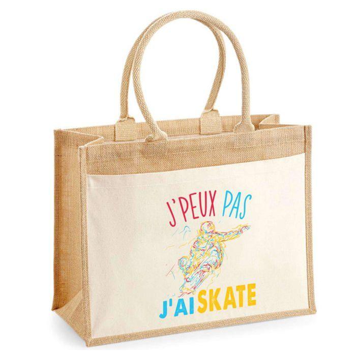 Sac de plage - PLANETEE - jute avec poche Skate J'peux pas - Coton - 43x33 cm - Imprimé en France