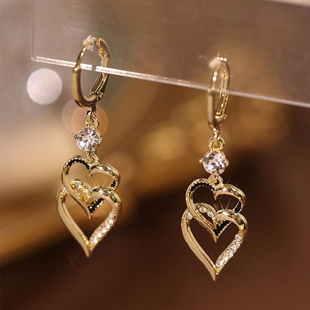 Boucles d'oreilles pendantes en forme de cœur à double couche de luxe pour femmes, bijoux de mariage coréen en cristal strass