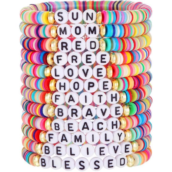 12pcs Friendship Bracelets Beaded Bracelets Heishi Bracelet Cute Bracelets Stack Vinyl Clay Disc Bead Surfer Stretch Summer Beach Bracelets For Women