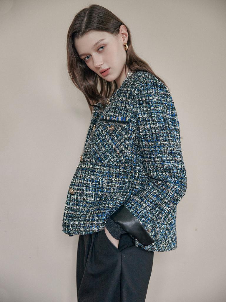 Maxza Funkelnde Leder-Kontrast Steppgefütterte Tweed-Wolljacke (blau)