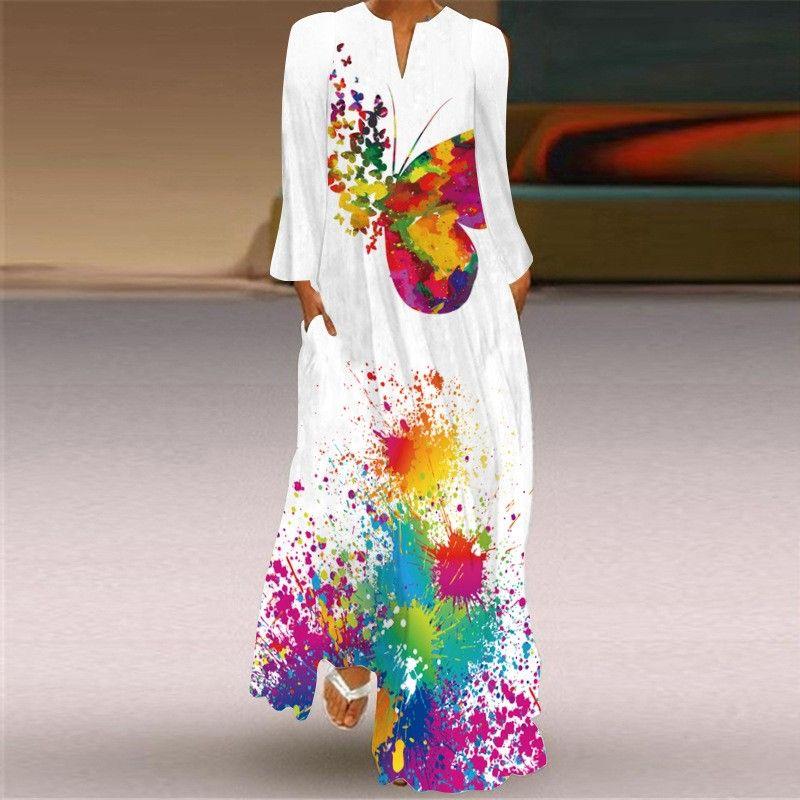 New Chinese Style Chinese Style Skirt Elegant Sexy Long Sleeves 3D Print Long Skirt Loose Plus Size Women's Clothing Long Dress