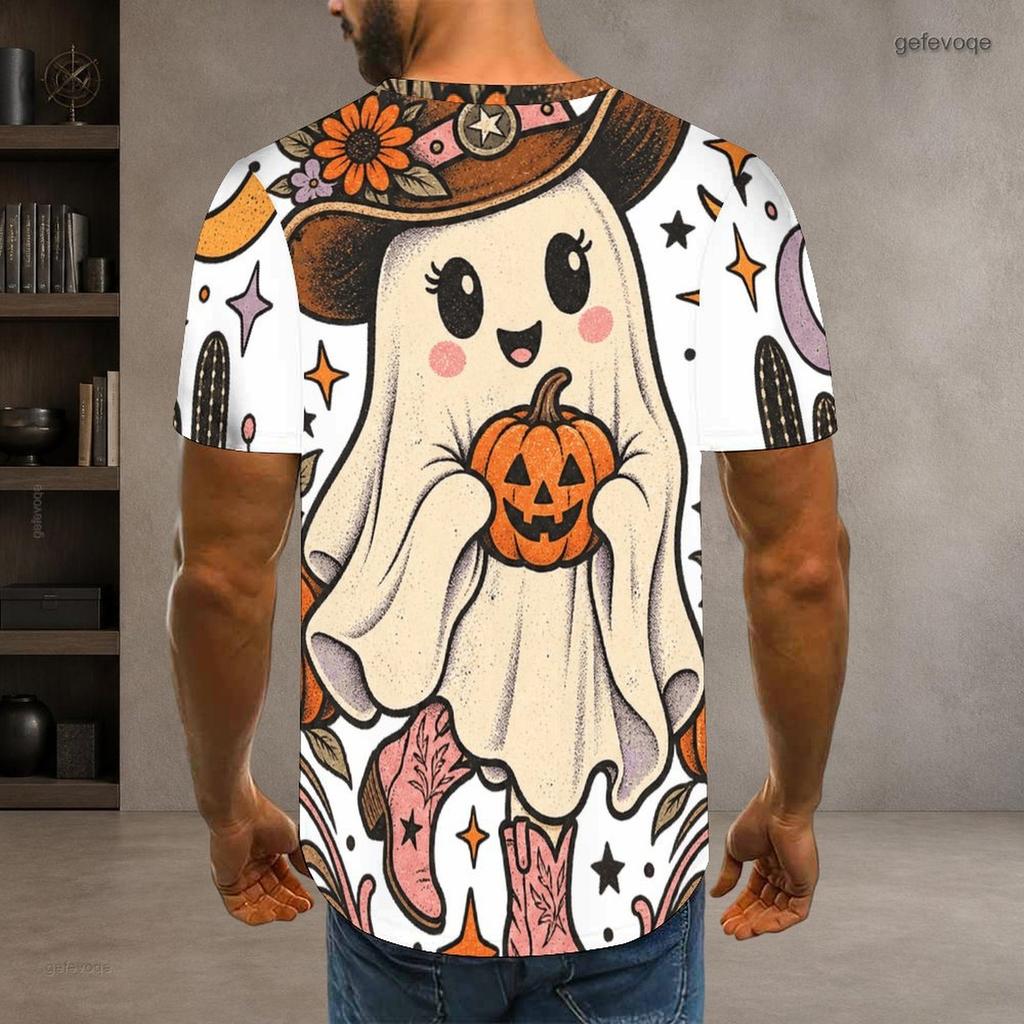 Men Plus Size Round Neck Short Sleeve T Shirt Halloween Black Cat Pumpkin Printed Pullover