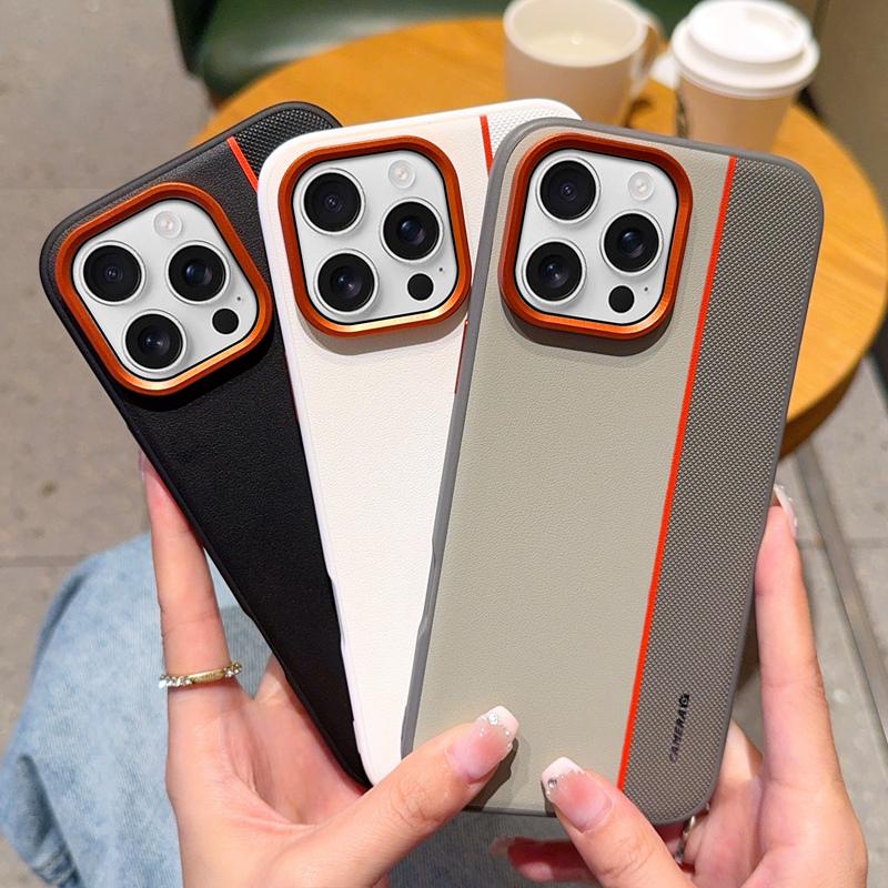 For iPhone 16 Pro Case Splicing PC+PU Leather Phone Back Cover with Metal Lens Ring/Buttons