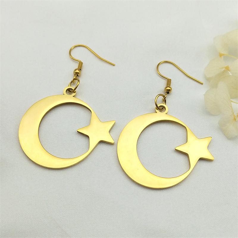 Muslim Islam Moon Star Stainless Steel Hoop Earrings for Women Gold Color Dangle Earrings Amulet Jewelry Party Gift 7615