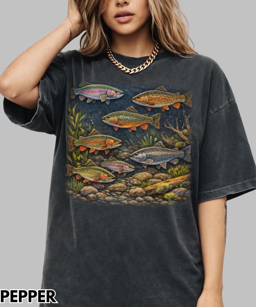 Vintage Forelle 90er Grafik T-Shirt, Retro Regenbogenforelle Tee, Vintage Fluss Wildtiere Grafik Tee, 90er See Natur Oberteil, Angler Fischer Geschenk