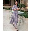 Summer Gentle Wind Pleated Bubble Sleeves Floral Dress High-end Temperament Women's French Waist A-shaped Long Skirt