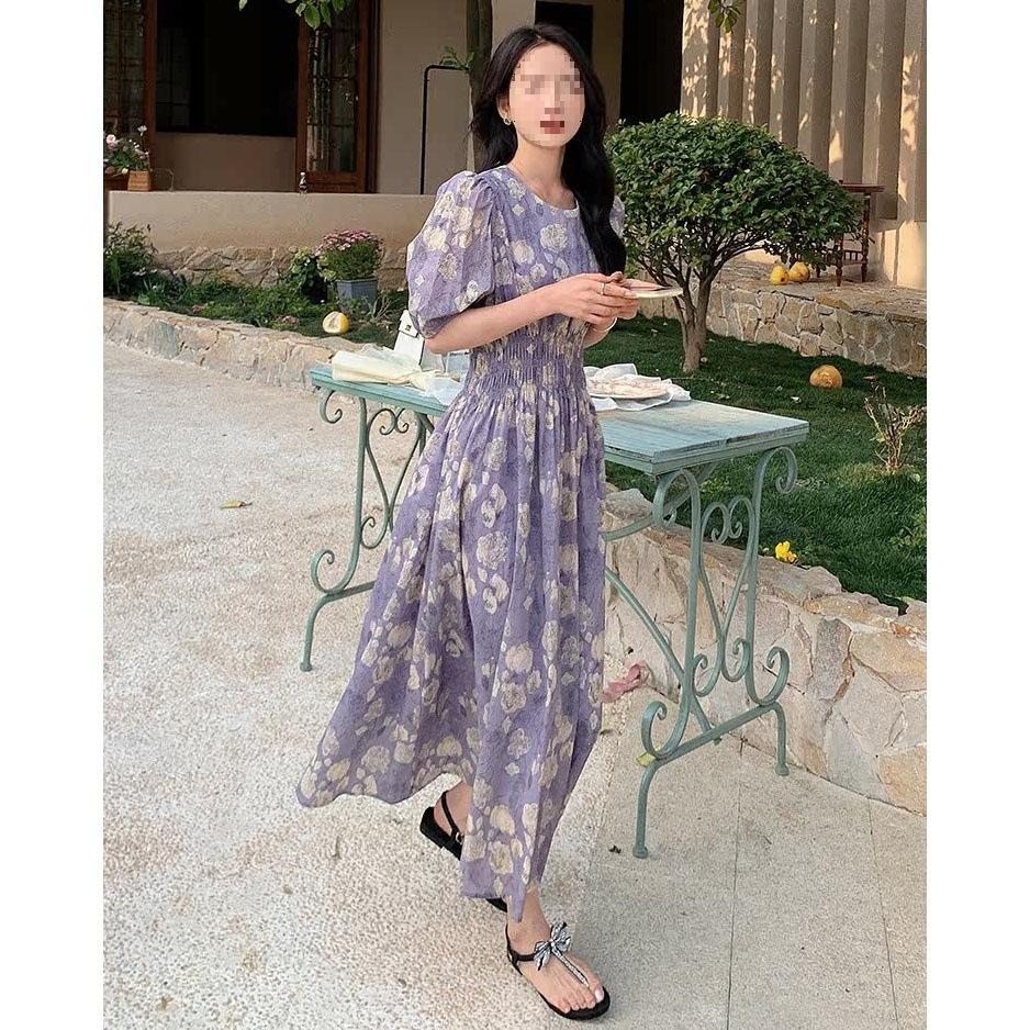 Summer Gentle Wind Pleated Bubble Sleeves Floral Dress High-end Temperament Women's French Waist A-shaped Long Skirt