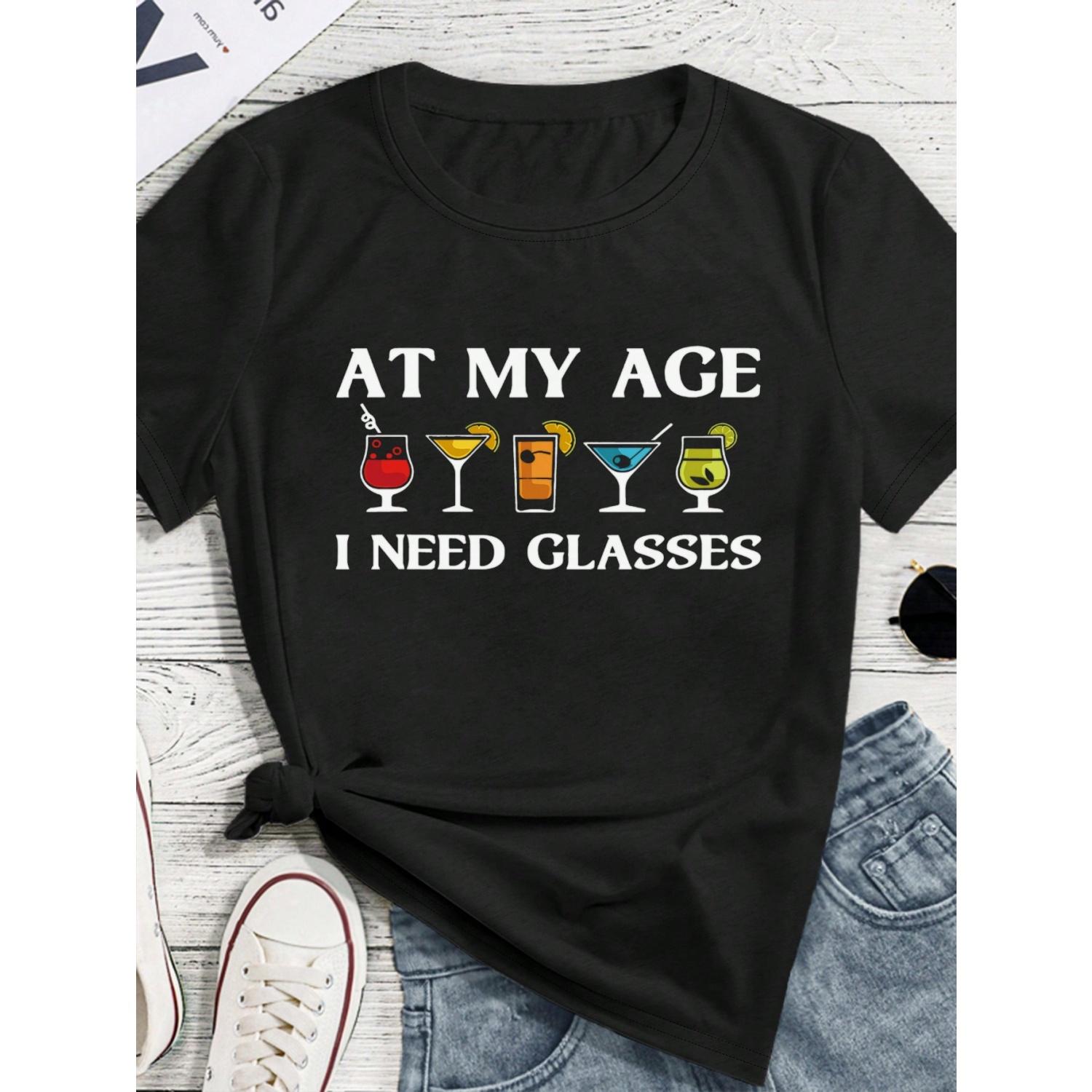 SHEIN Модная Минималистичная Футболка с Принтом Бокала для Вина Повседневная с Коротким Рукавом Графические Футболки Женские Топы S чёрный