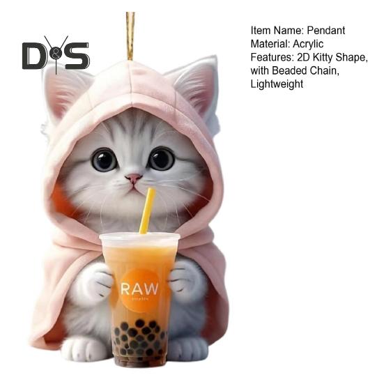 Car Hanging Pendant 2D Kitty In Hoodie Holding Milk Tea Figurine Lightweight School Bag Shoulder Bag Pendant with Beaded Chain Holiday Gift