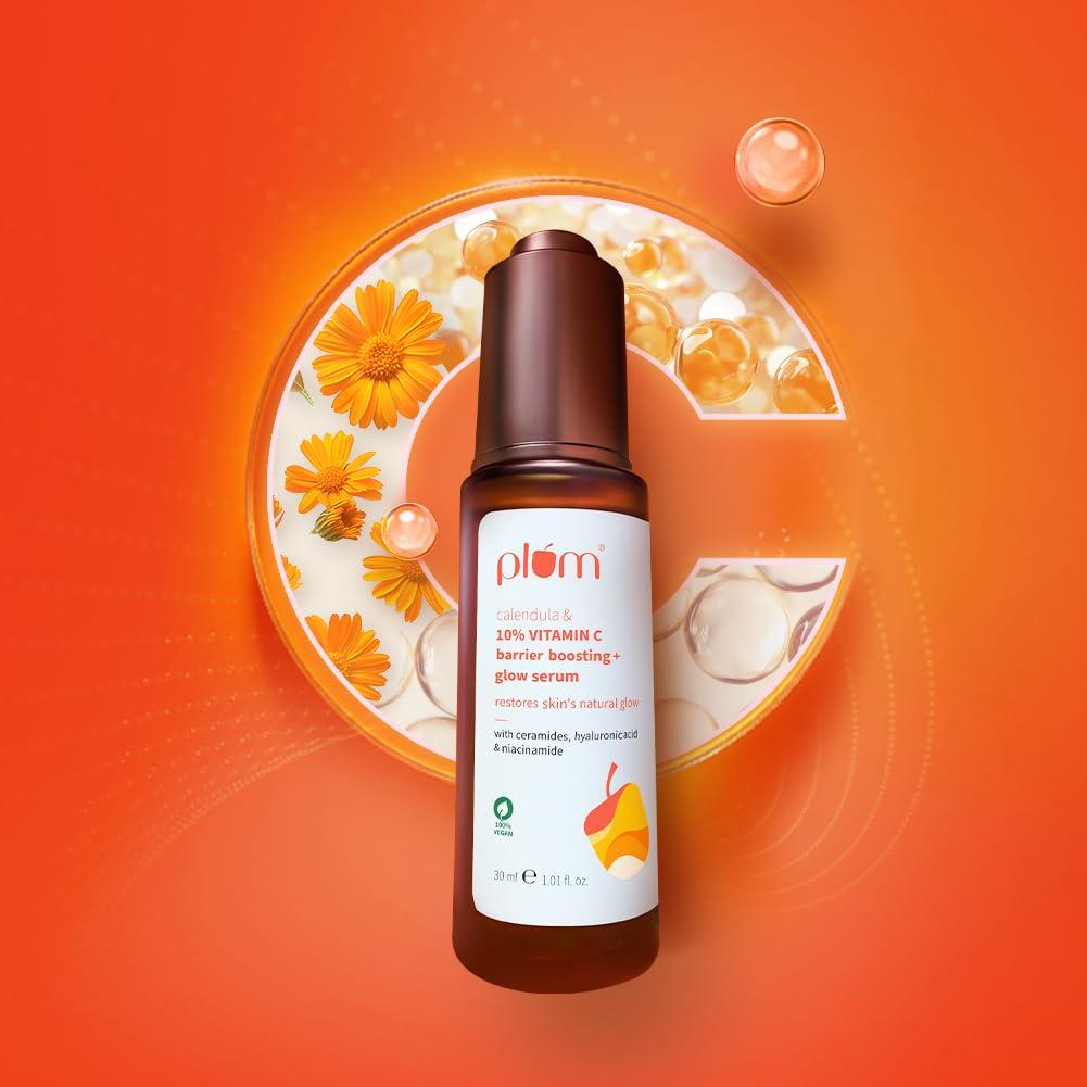 Plum 10% Vitamin C & Calendula Glow Serum 30ml Pack of 1 for Skin Barrier Repair and Radiance Boost
