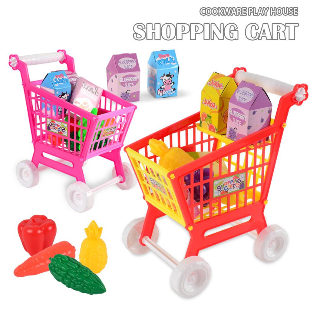 Shopping Cart Toys, Trolley for Groceries Supermarket Playset Fruit Vegetables Play Food Role Kitchen Store Toys for 3+ Kids