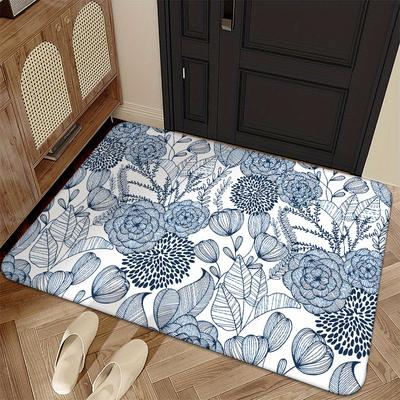 1 Piece White Floral and Leaf Print Floor Mat, Polyester Fabric, Machine Washable, Suitable for Bedroom Living Room Decoration