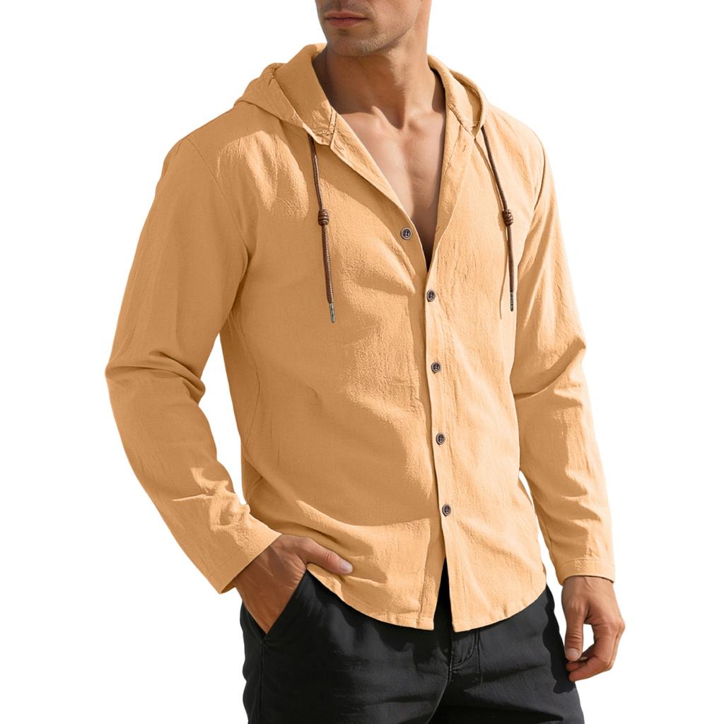 Herren Langarm Button-Down Hemd mit Kapuze Lässig Leicht Kordelzugkapuze Entspannte Passform Oberteil für den Alltag