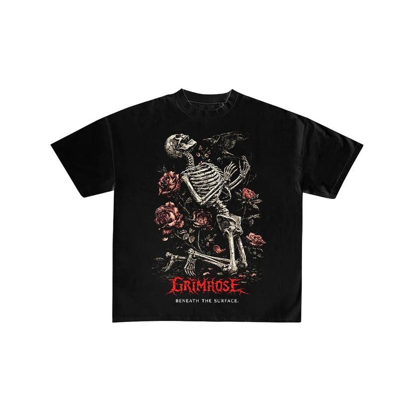 Grimrose Skeleton & Roses Black Graphic T-Shirt S