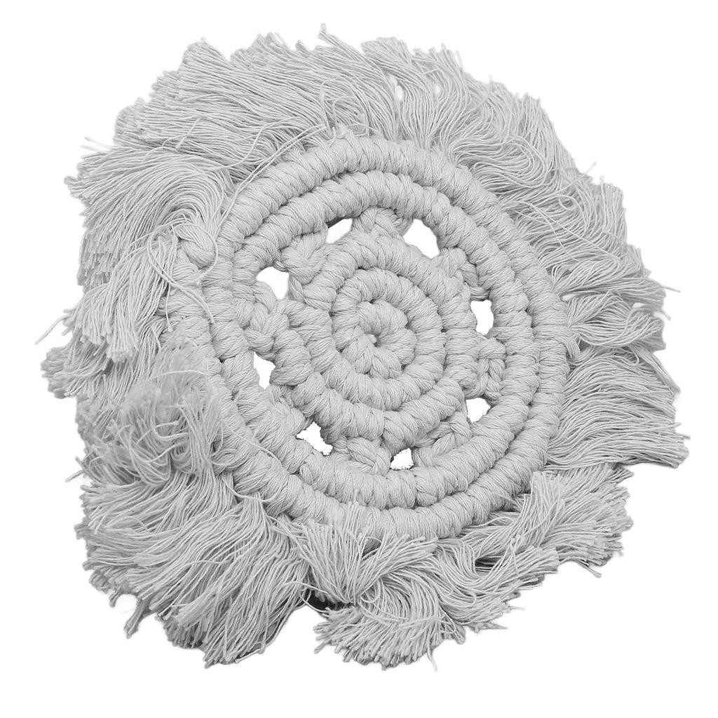 4pcs Cotton Thread Woven Drink Coasters with Tassel Round Pure Color Elegant Lipstick Pot Pads Mats