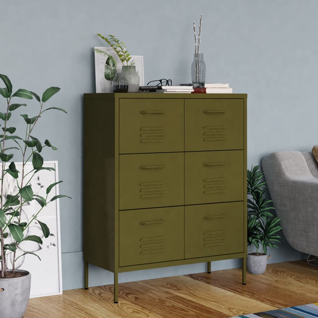 Drawer Cabinet Olive Green 80 x 35 x 101.5 cm Steel
