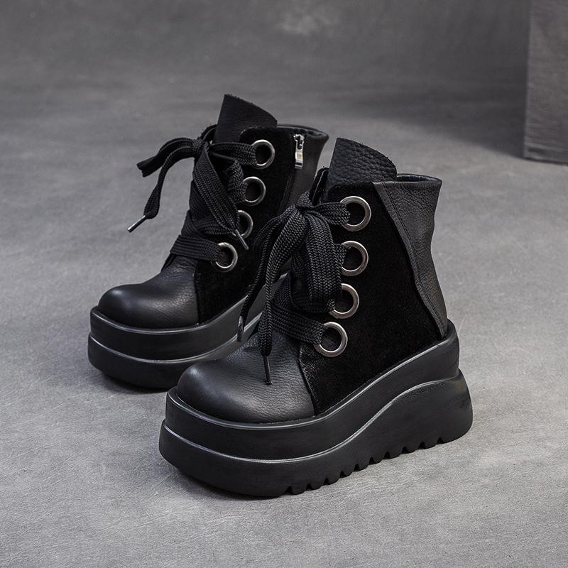 Johnature Genuine Leather Wedges Short Boots Retro Thick Soled Side Zipper Versatile Women's Shoes