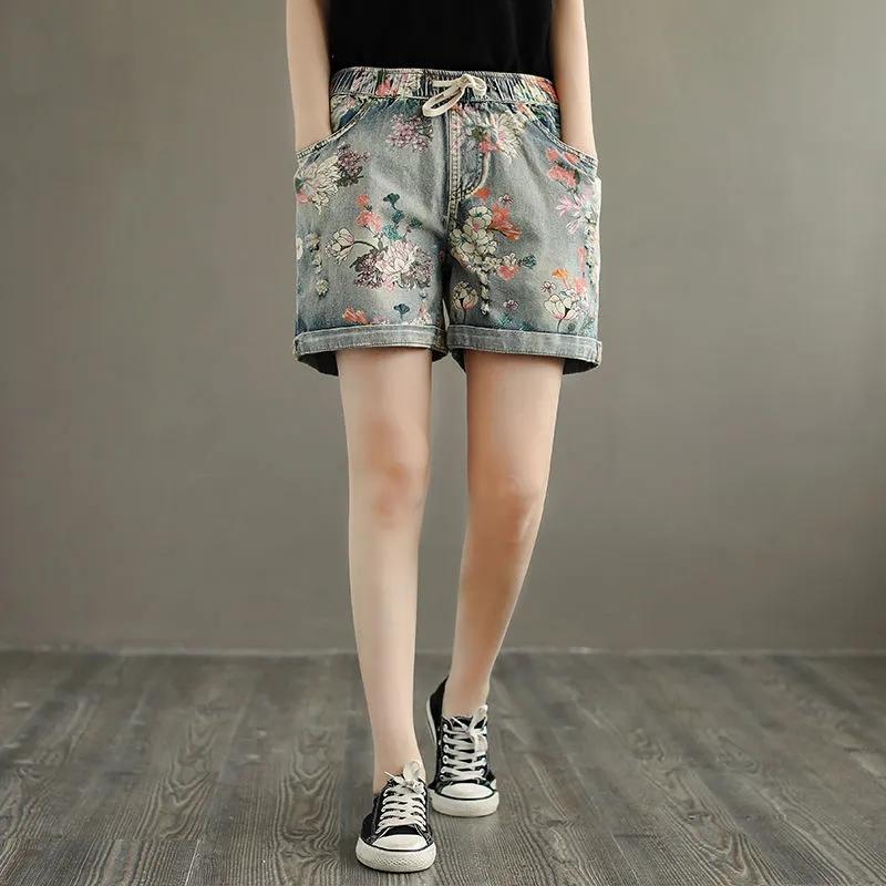 Ladies Denim Shorts Ethnic Print High Waist Women's Loose All-match Elastic Waist Streetwear Summer