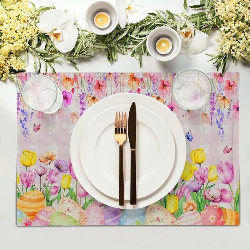 Easter Bunny Placemats Watercolor Floral Table Decor Non-Slip Heat Resistant Dinner Mat Spring Holiday Home Decor Tableware Pad