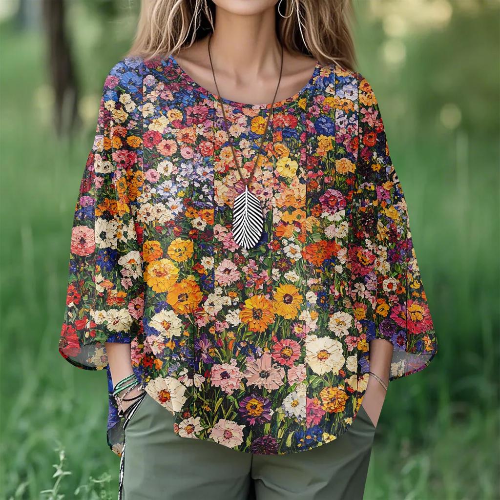 Summer Tops For Women Cute V Neck 3/4 Sleeve Blouses Floral Print Top Casual Shirts
