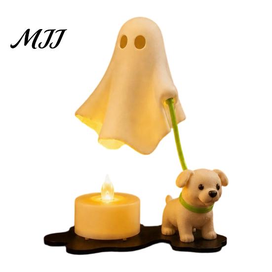 3D Printed Halloween Decor Ghost Walking Dog Night Light, LED Warm Lamp, Cute Puppy Figurine Statue with Candle, Home Party Holiday Table Gift