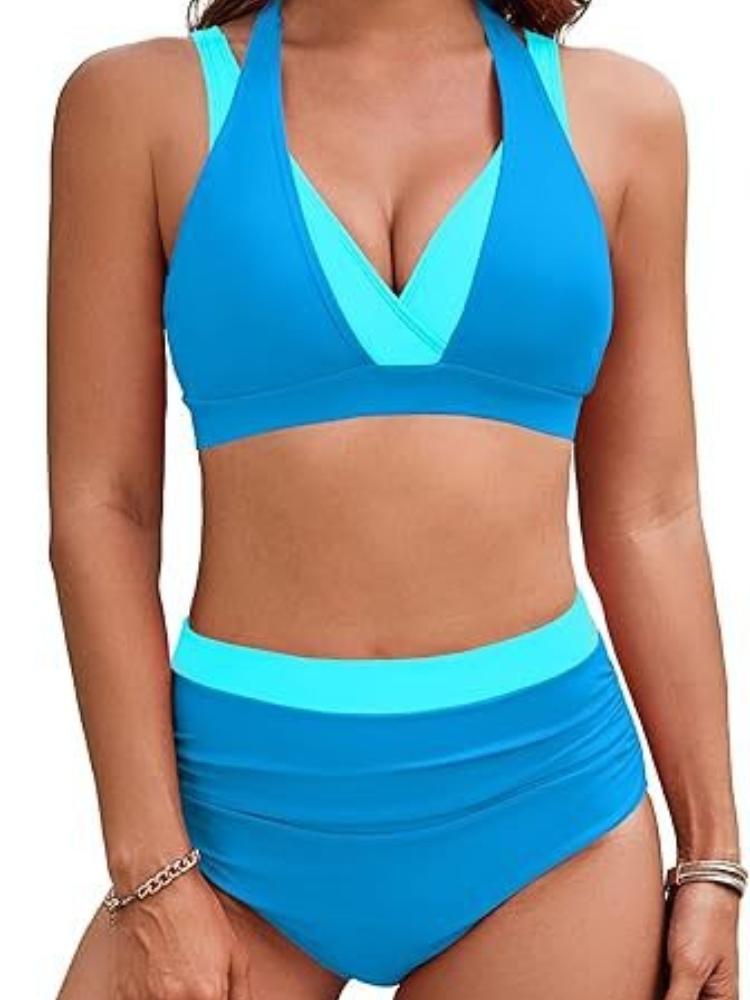 

Women’s Fashion Colorblock Tankini Bathing Suit High Waist Bikini Swimsuit, Two-Piece Hot Spring Swimwear XL синій