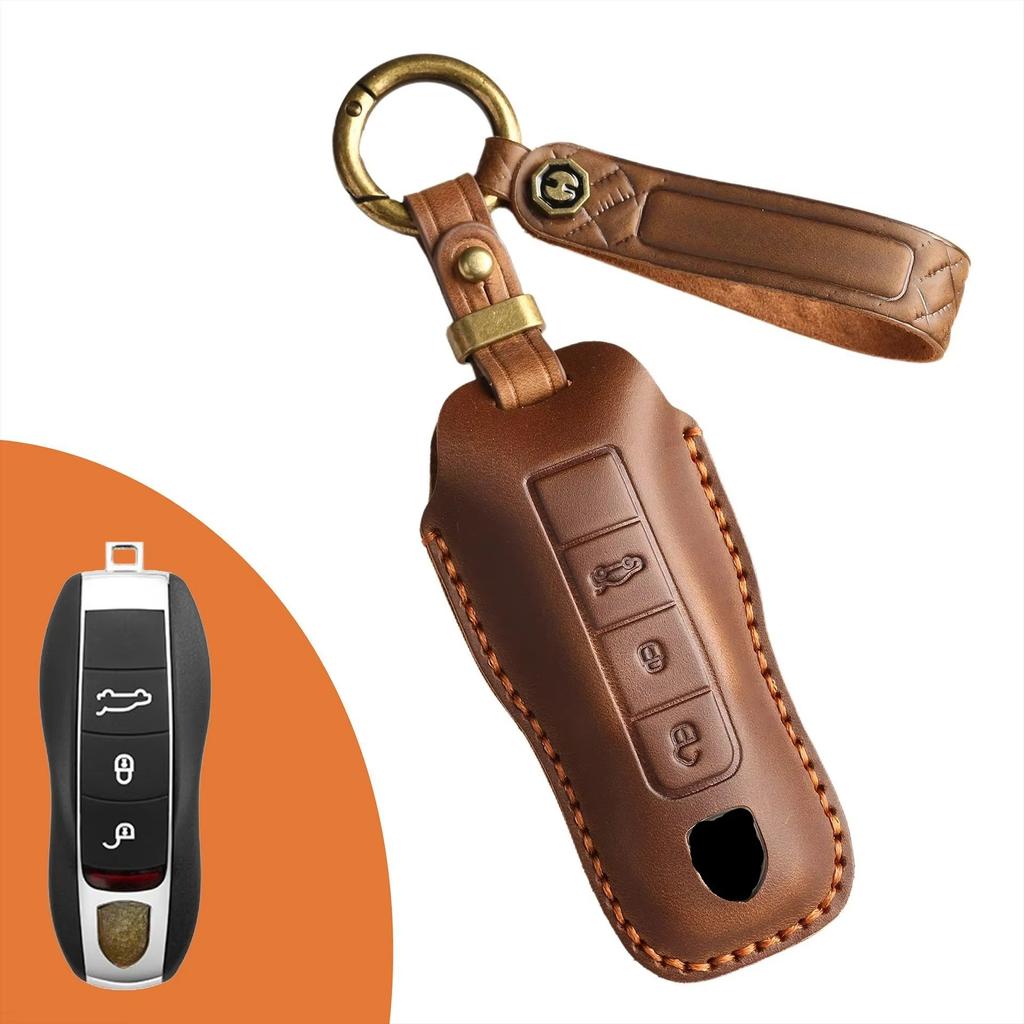 For Porsche Luxury Leather Car Key Cover Macan 718 Cayenne Paramera 911 958 Taycan Car Key Fob Key Outer Ring