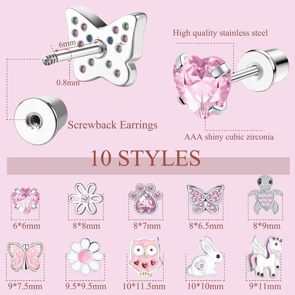 Bobisty 1Pair Cute Screw Back Earrings for Women Stainless Steel Multicolored Heart Flower Butterfly Rainbow CZ Stud Earrings