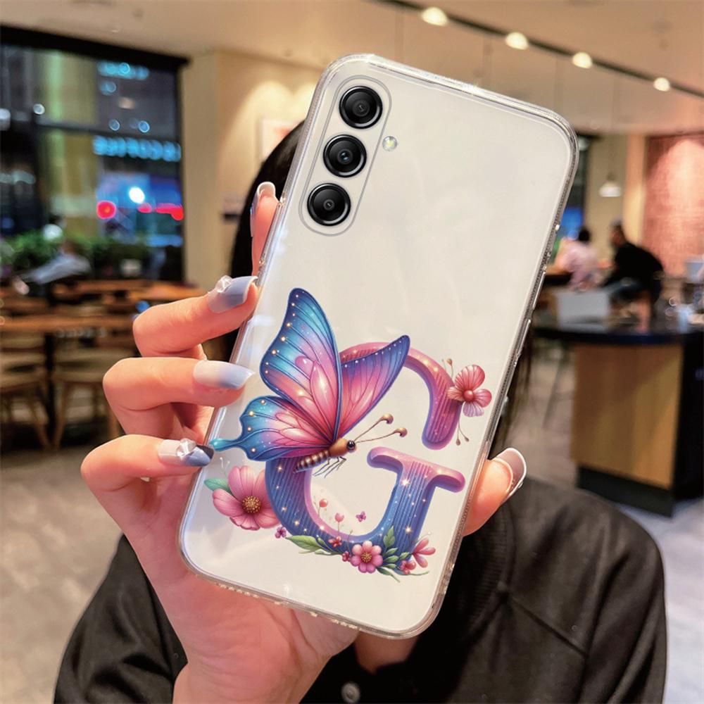 For Samsung Galaxy A54 A14 A34 A24 Blue Butterfly Flower Letters A-Z Couple Phone Case Transparent Clear Silicone Bumper Cover