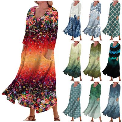 Women's Casual Comfortable Floral Three Quarter Sleeve Cotton Pocket Dress
