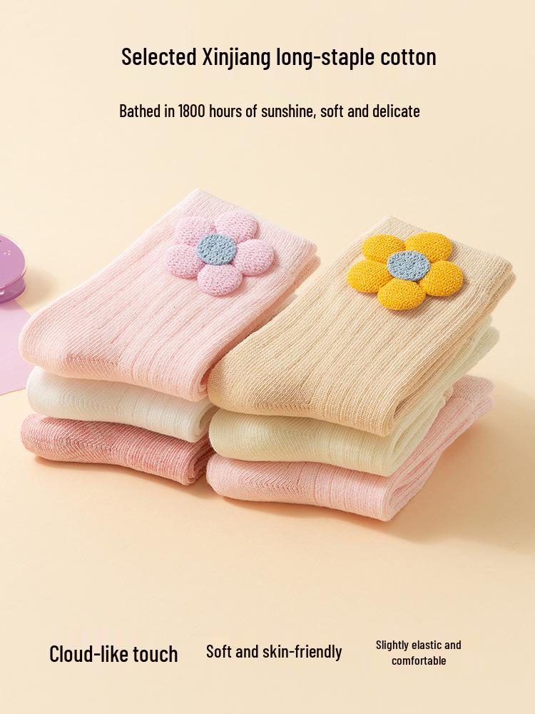 Breathable Combed Cotton Floral Socks for Babies 0-12 Months, Mid-Calf Length