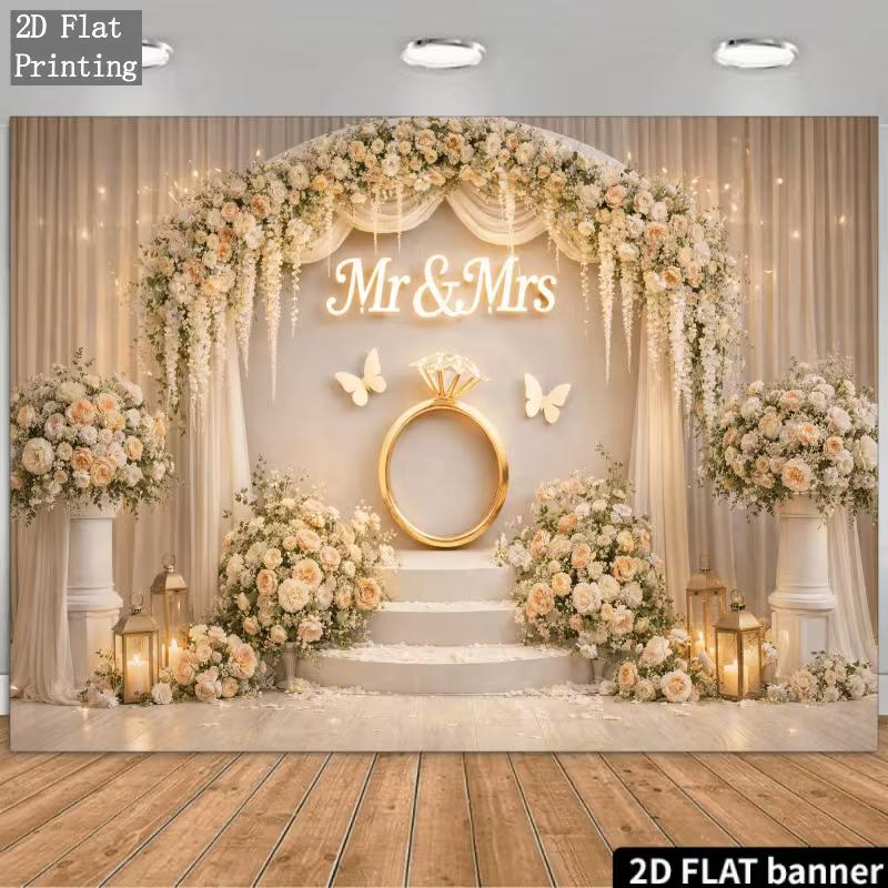 2D Wedding Photography Backdrop, "Mr & Mrs" with Floral Arch & Gold Ring Celebration Background