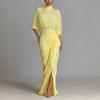 Women'S Yellow Pleated Waist Temperament Dress High Neck Long Dress